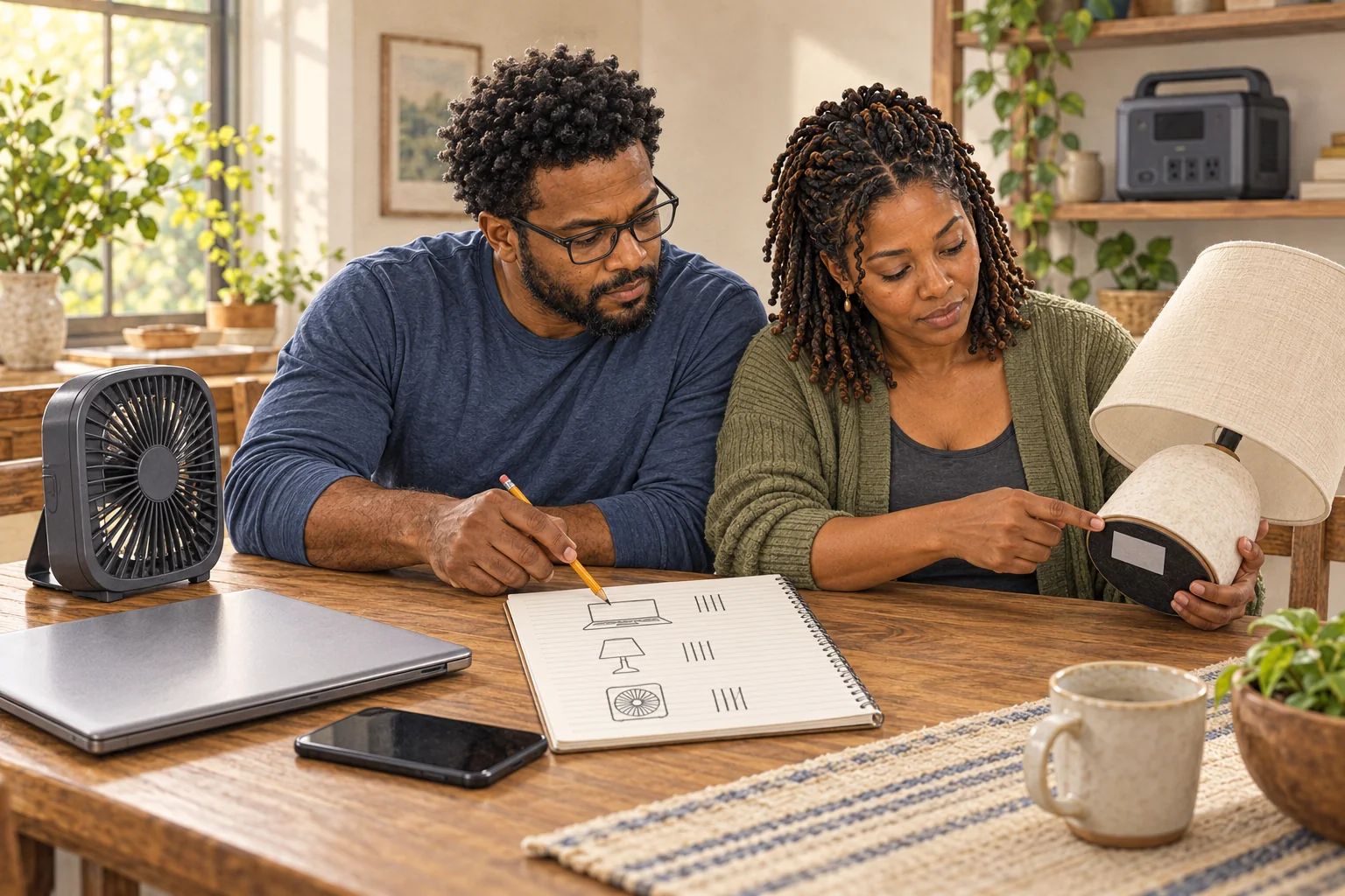 Marcus and Renee Carter list the lamp, fan, phone, and laptop loads they want a power station to support.