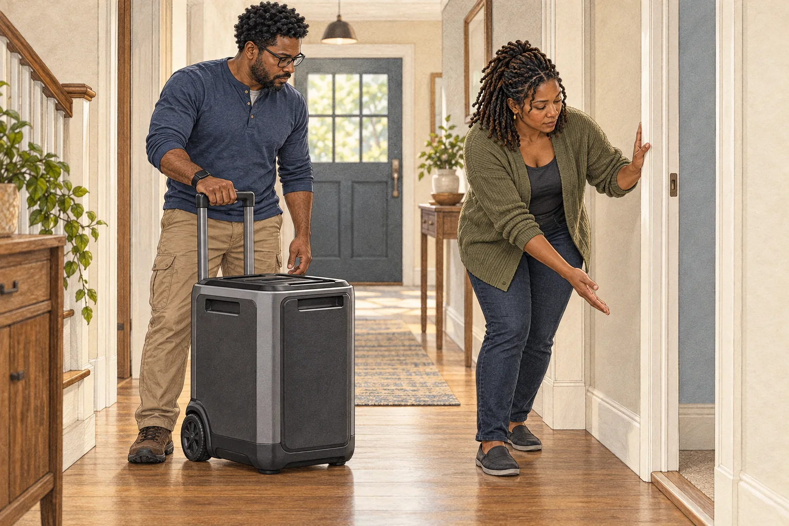 Marcus and Renee Carter check whether a wheeled portable power station fits through their hallway.